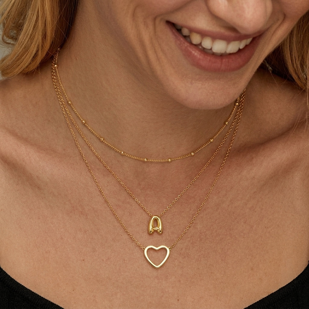 18k 3pc Heart & Bubble Letter Initial Necklace Stack