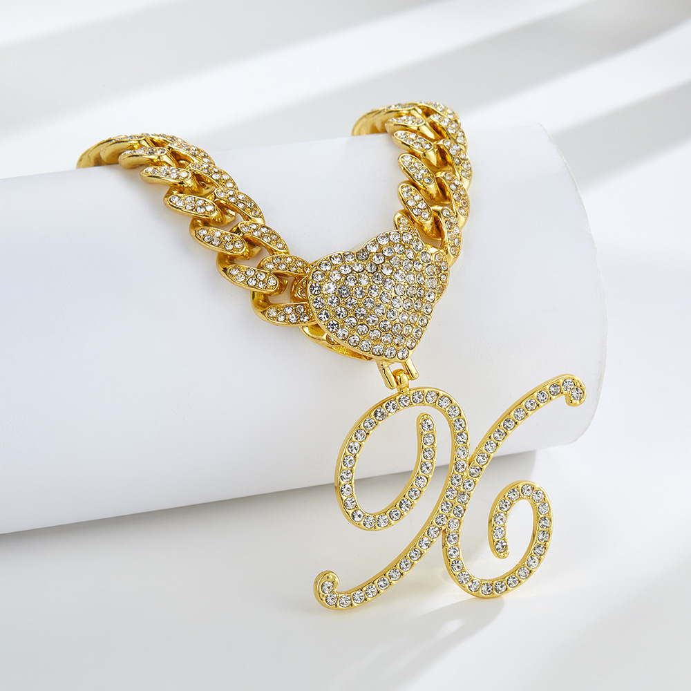 Cursive Diamond Accented Initial Cuban Heart Necklace