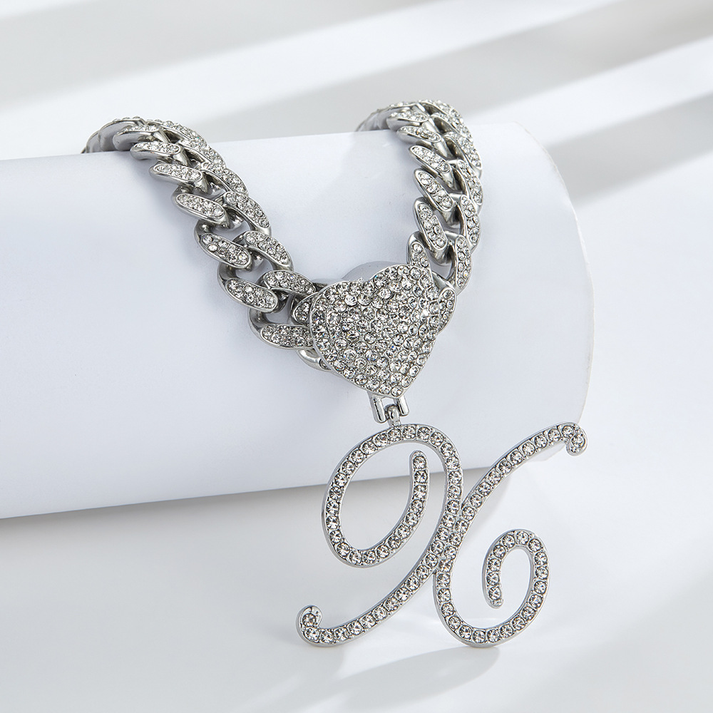 Cursive Diamond Accented Initial Cuban Heart Necklace
