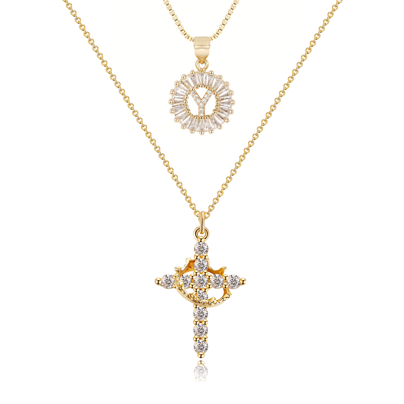 2pc 14k Diamond Cross Crown & Initial Necklace Set