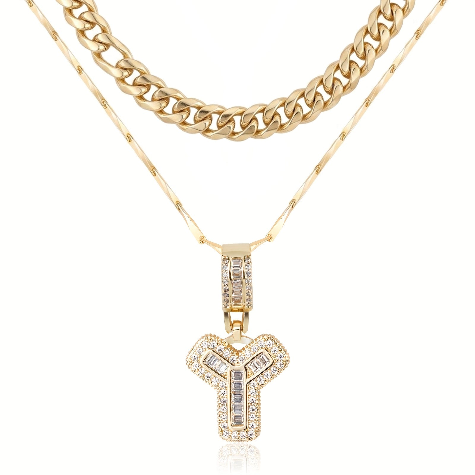 2pc 14k Layered Cuban & Initial Necklaces