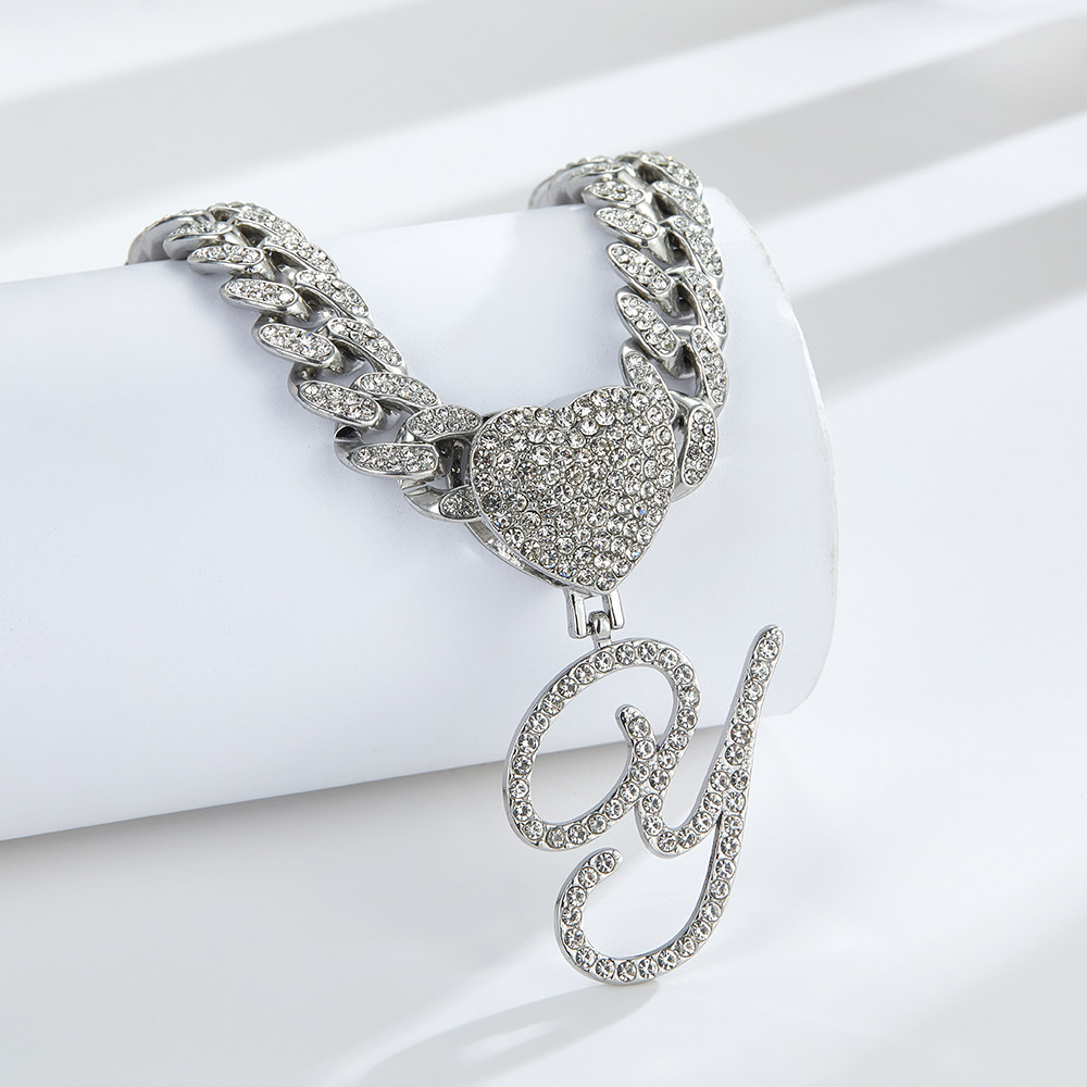 Cursive Diamond Accented Initial Cuban Heart Necklace