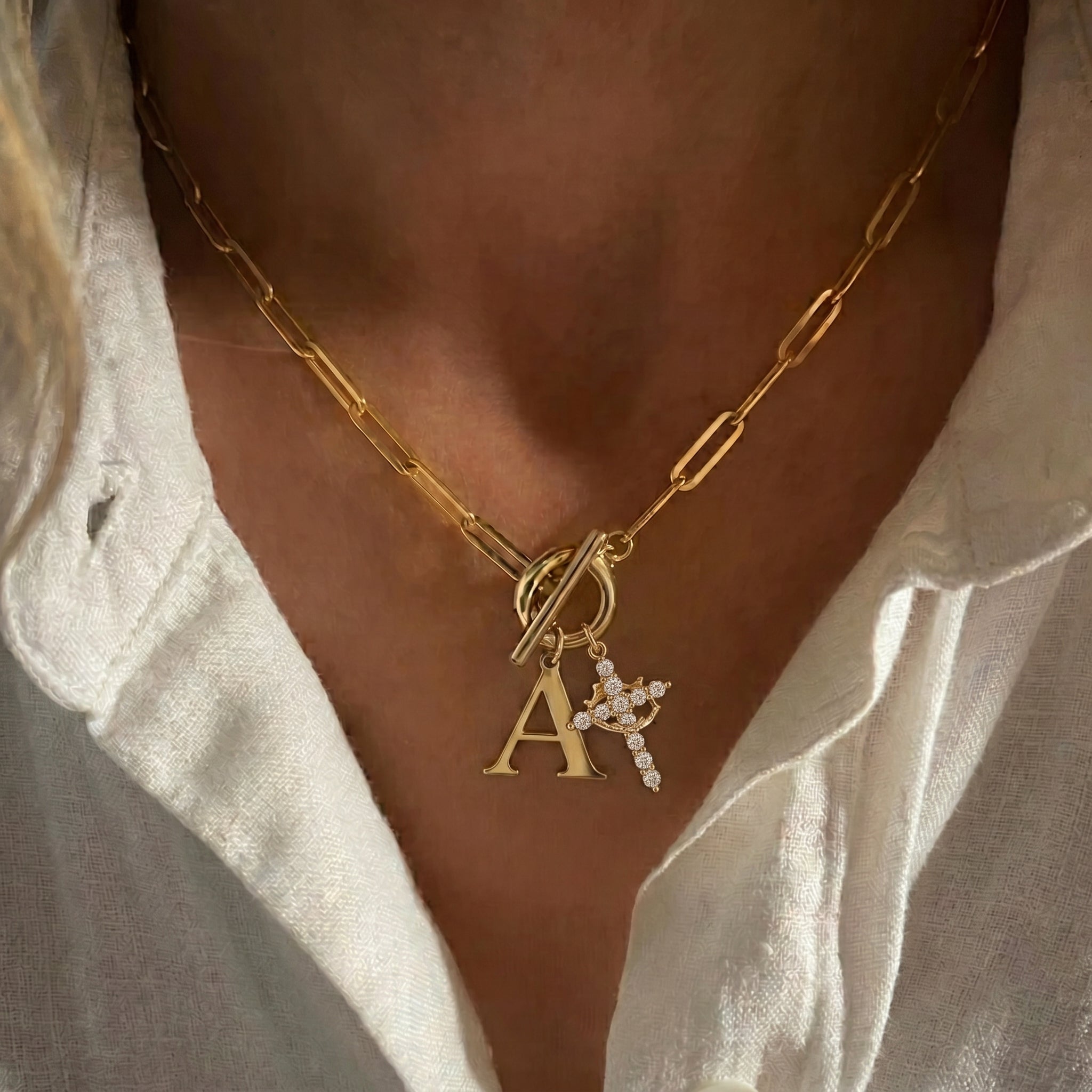 Paperclip Initial & Cross Toggle Clasp Necklace