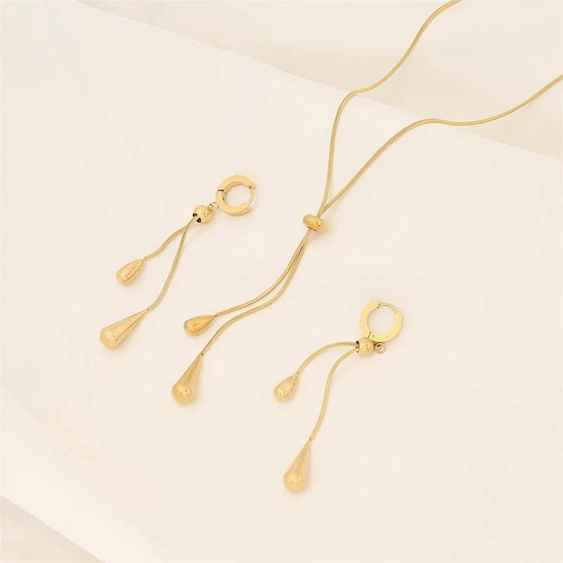 Adjustable Pull Droplet Lariat Necklace and Earrings