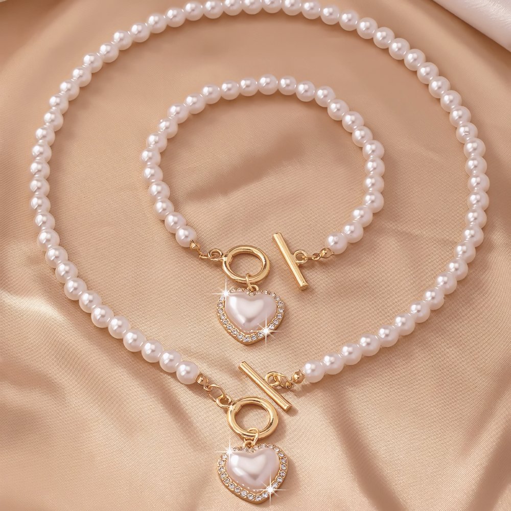 2pc Beaded Heart Pendant Bracelet and Necklace Set