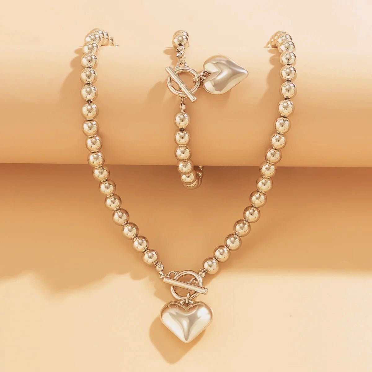 2pc Beaded Heart Pendant Bracelet and Necklace Set