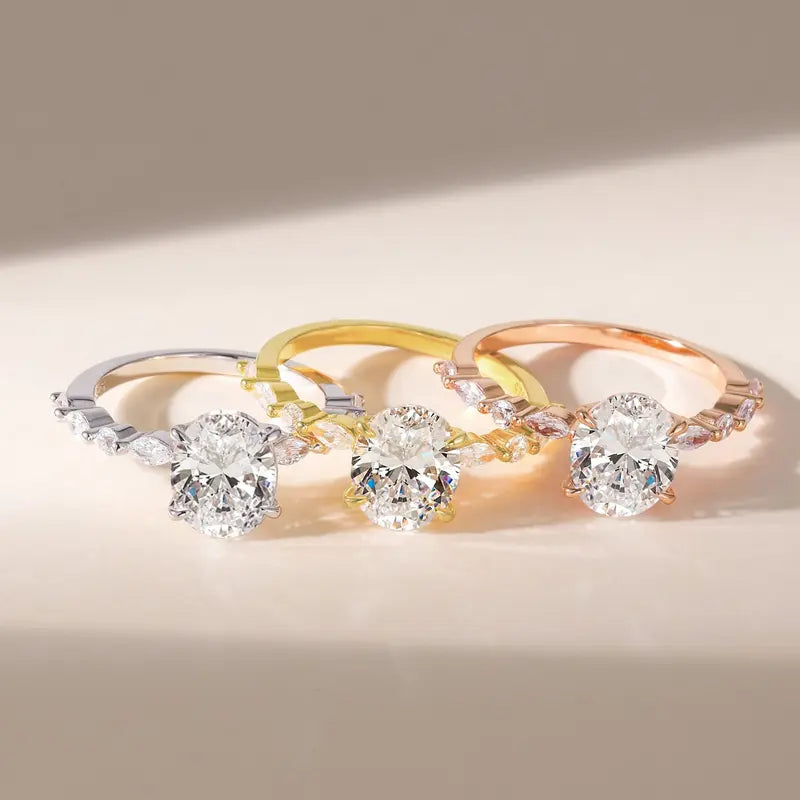 S925 3CT Elegant Oval Set Moissanite Accented Band Ring