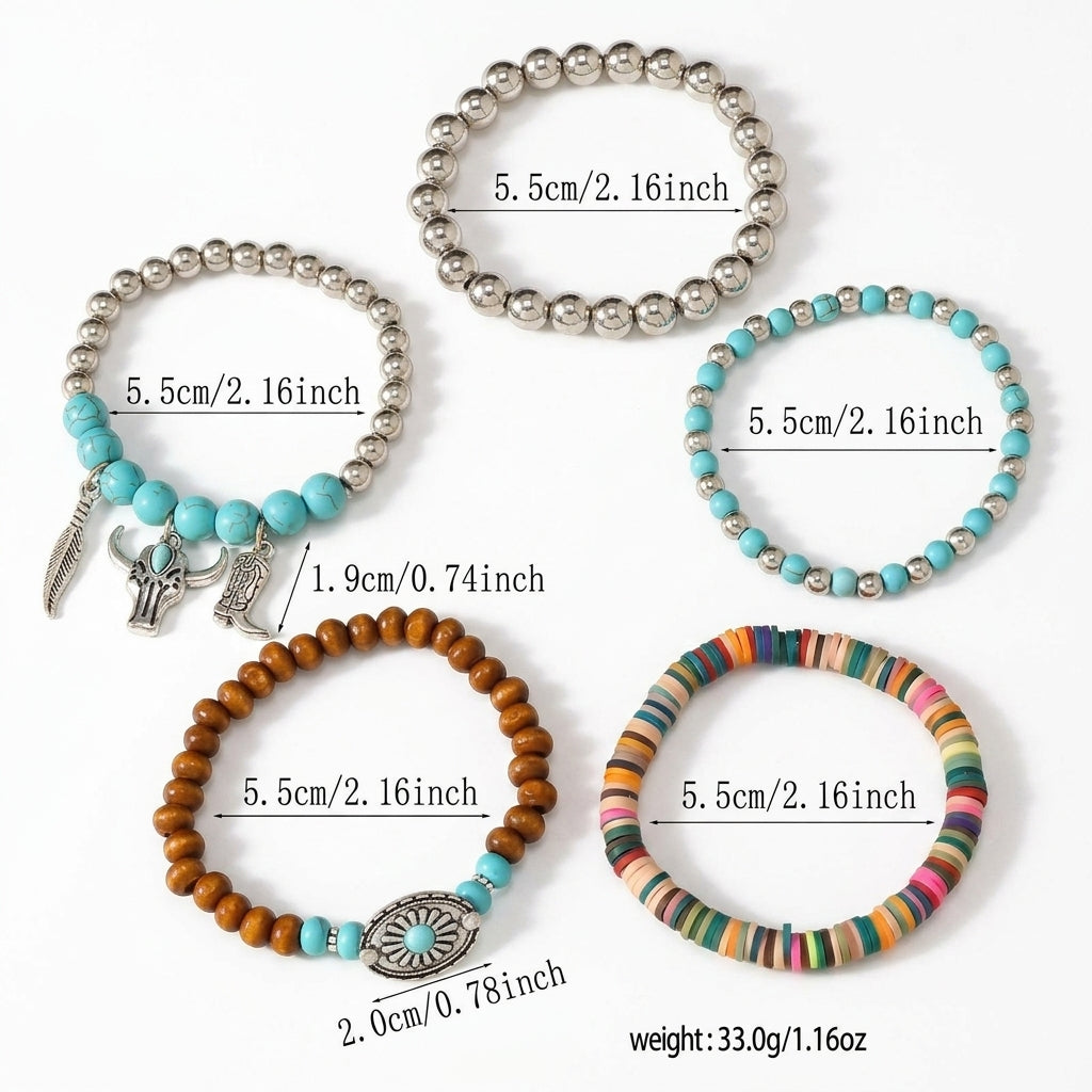 5pc Boho Style Turquoise Bracelet Stack