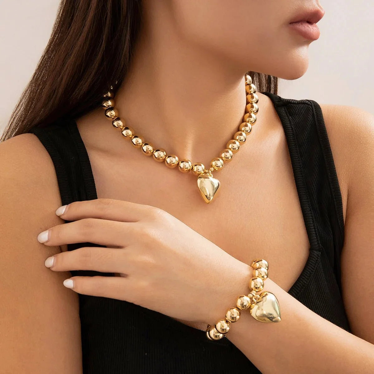 Chunky Heart Pendant Necklace and Bracelet Set