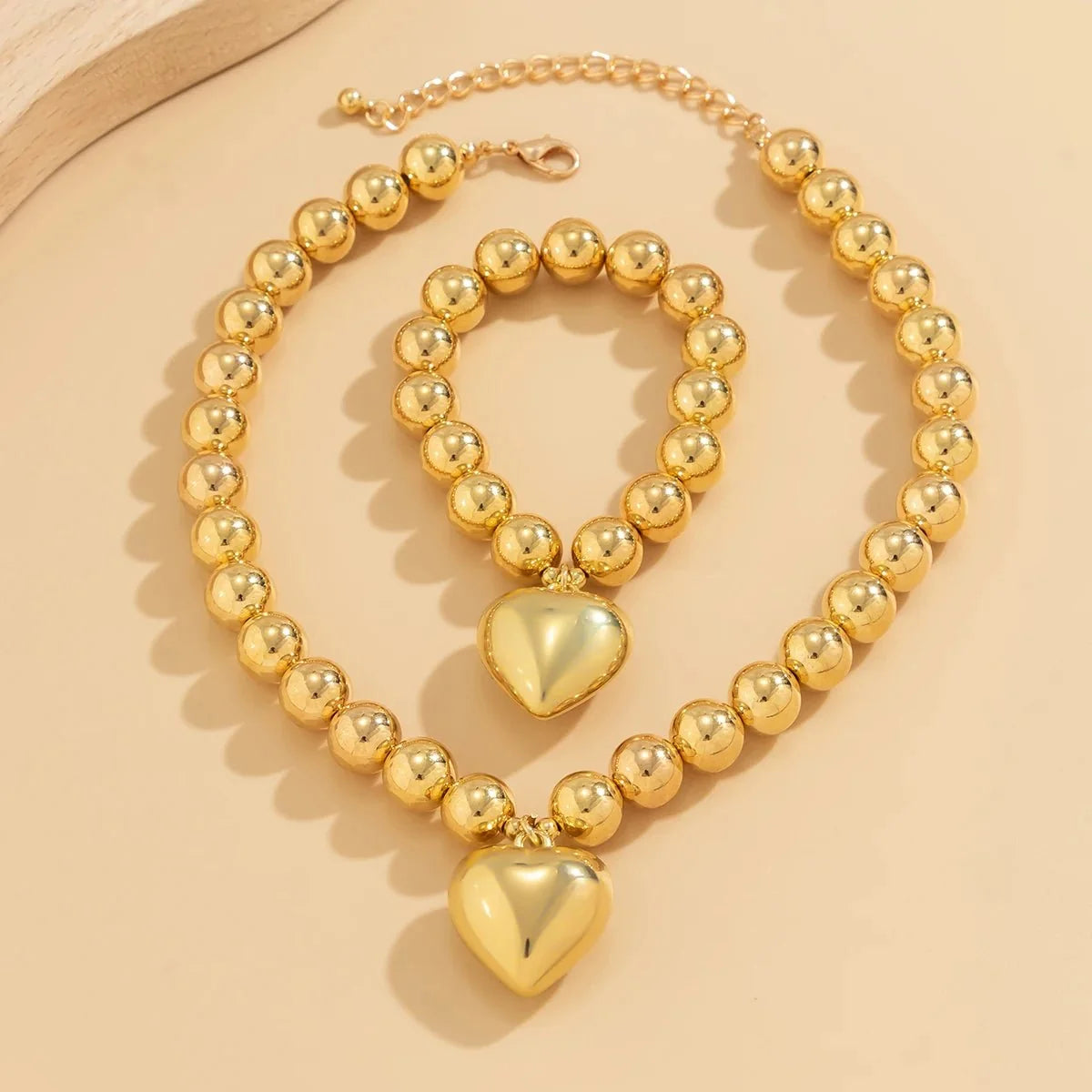 Chunky Heart Pendant Necklace and Bracelet Set