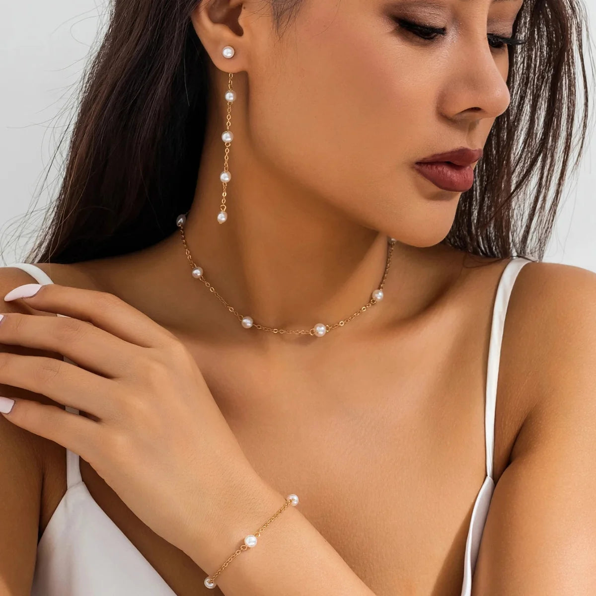 Dainty Chain Pearl Bracelet, Necklace, and Earring Set
