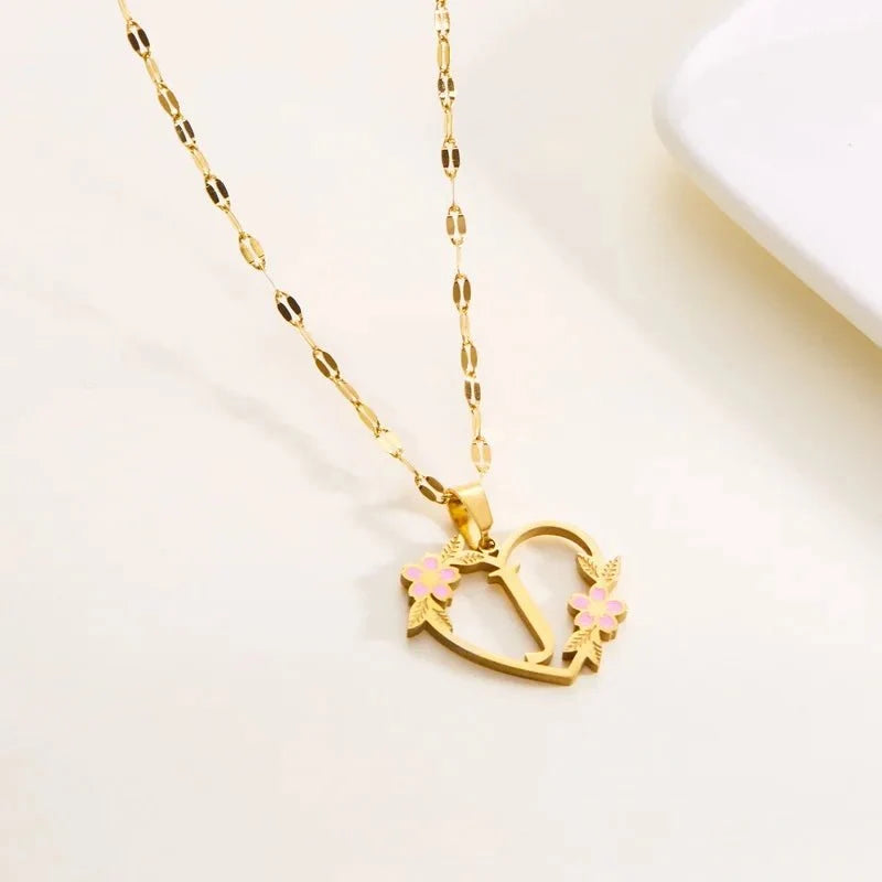 Dainty Floral Accented Heart Letter Initial Necklace