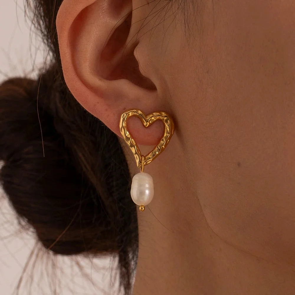 Dainty Heart Pearl Drop Earrings