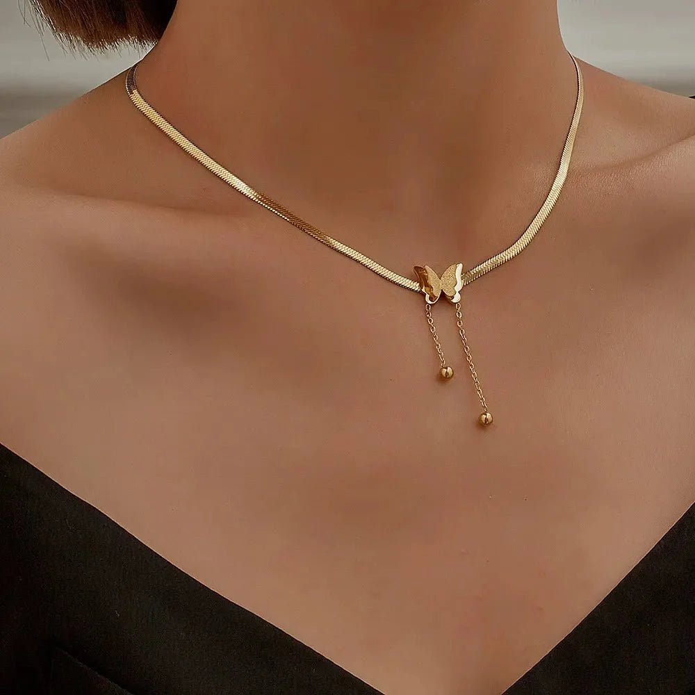 Dainty Herringbone Butterfly Dangle Necklace