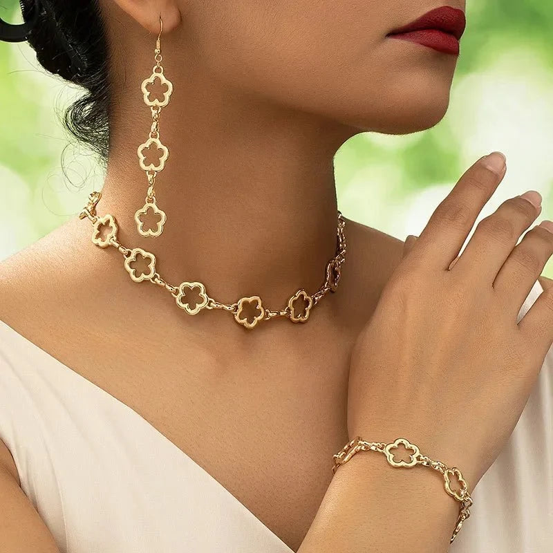 Dainty Open Clover Choker Necklace, Bracelet, Earring Set
