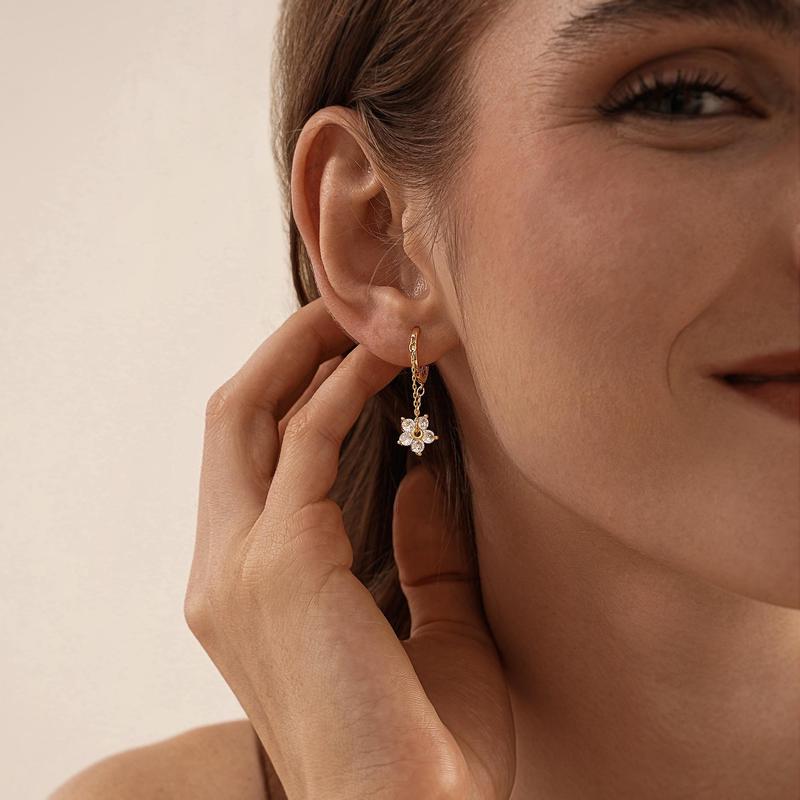 18k Dainty Hoop Floral Dangle Earrings