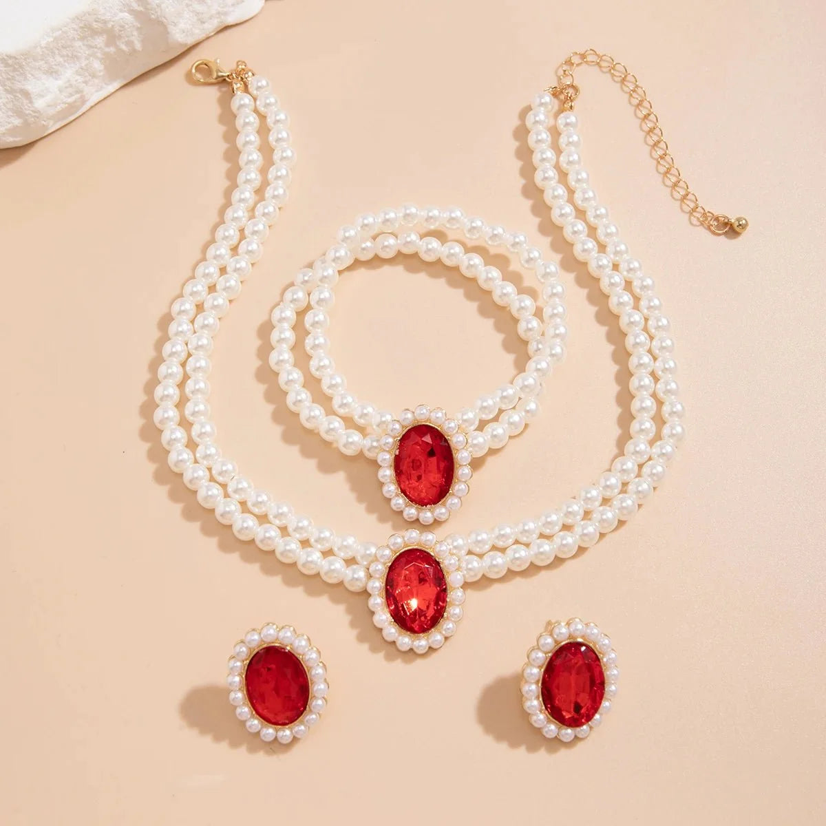 Elegant Oval Diamond Pearl Necklace, Bracelet, Earrings Set