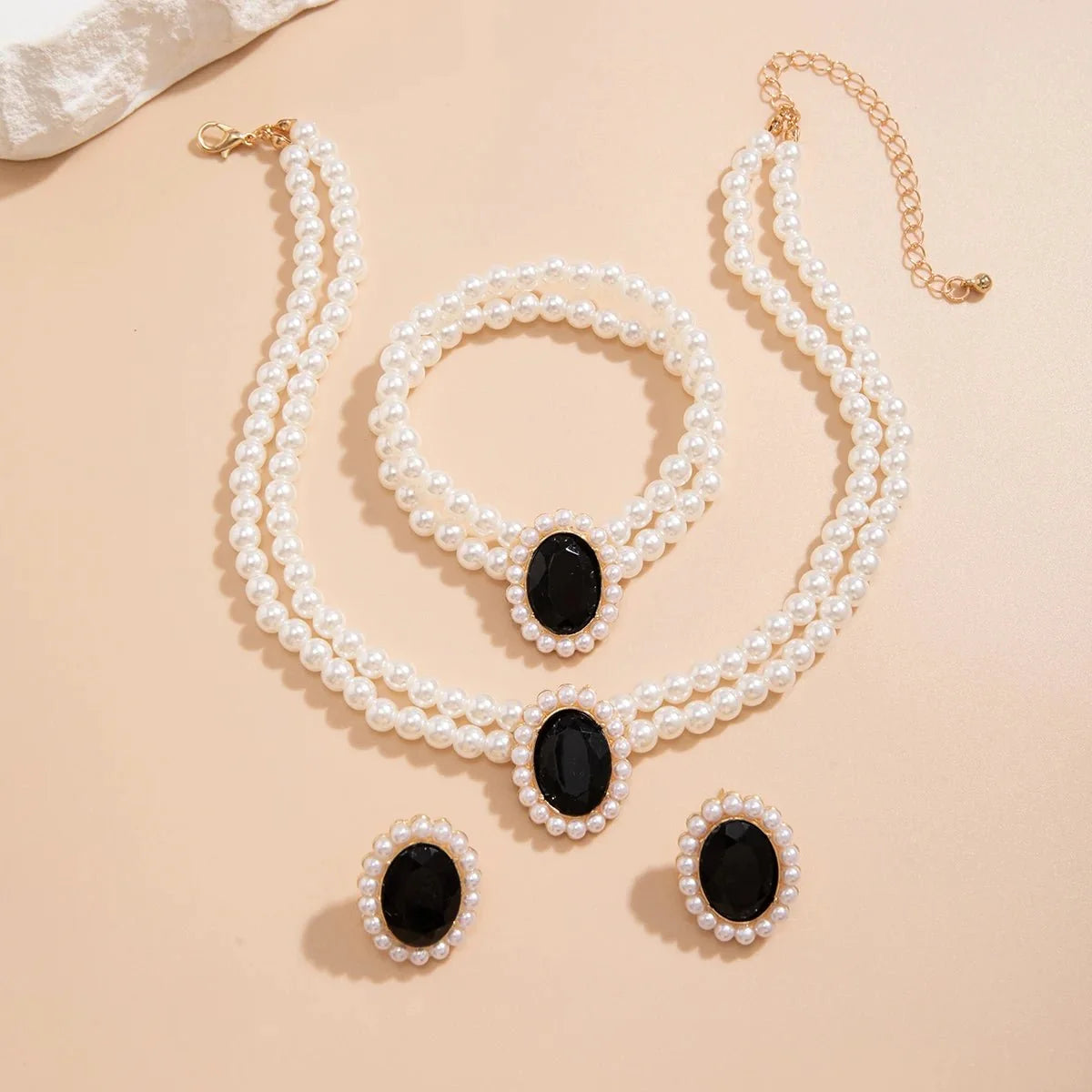 Elegant Oval Diamond Pearl Necklace, Bracelet, Earrings Set