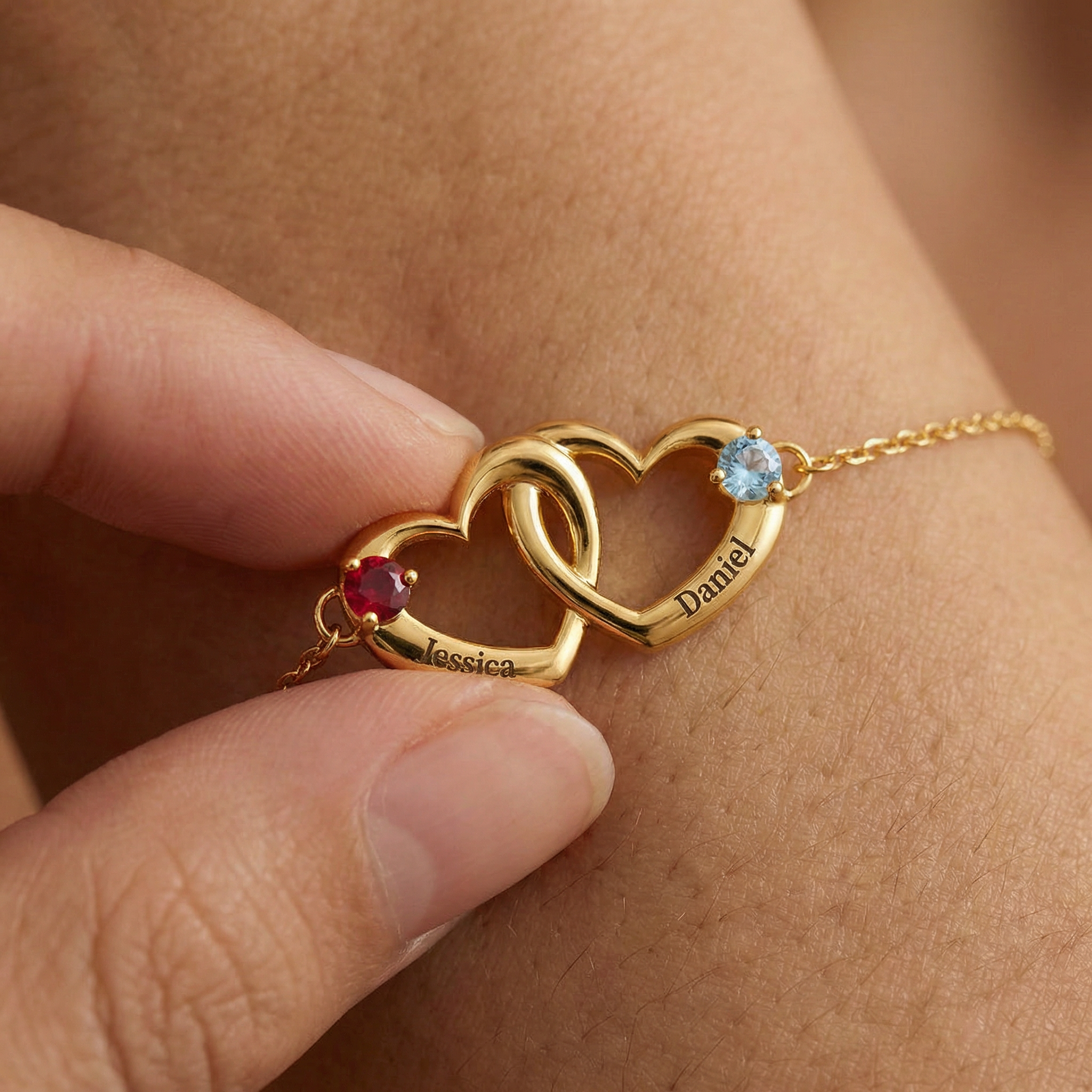 Personalized Name & Birthstone Dual Heart Bracelet