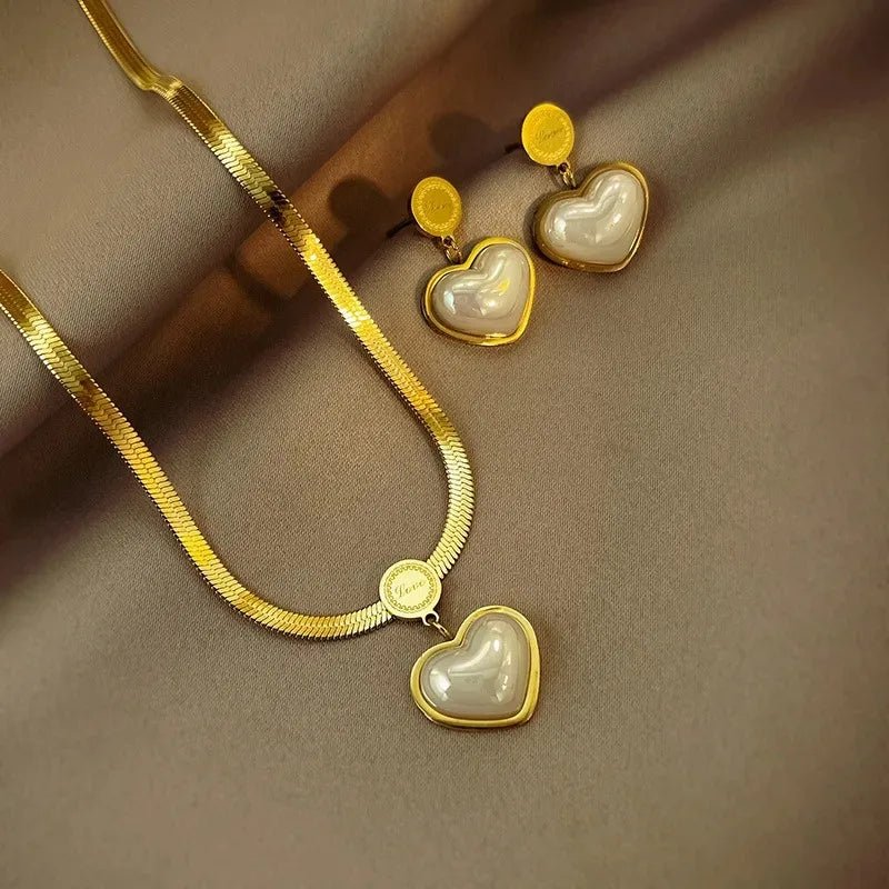 Herringbone Love Heart Necklace and Earrings Set
