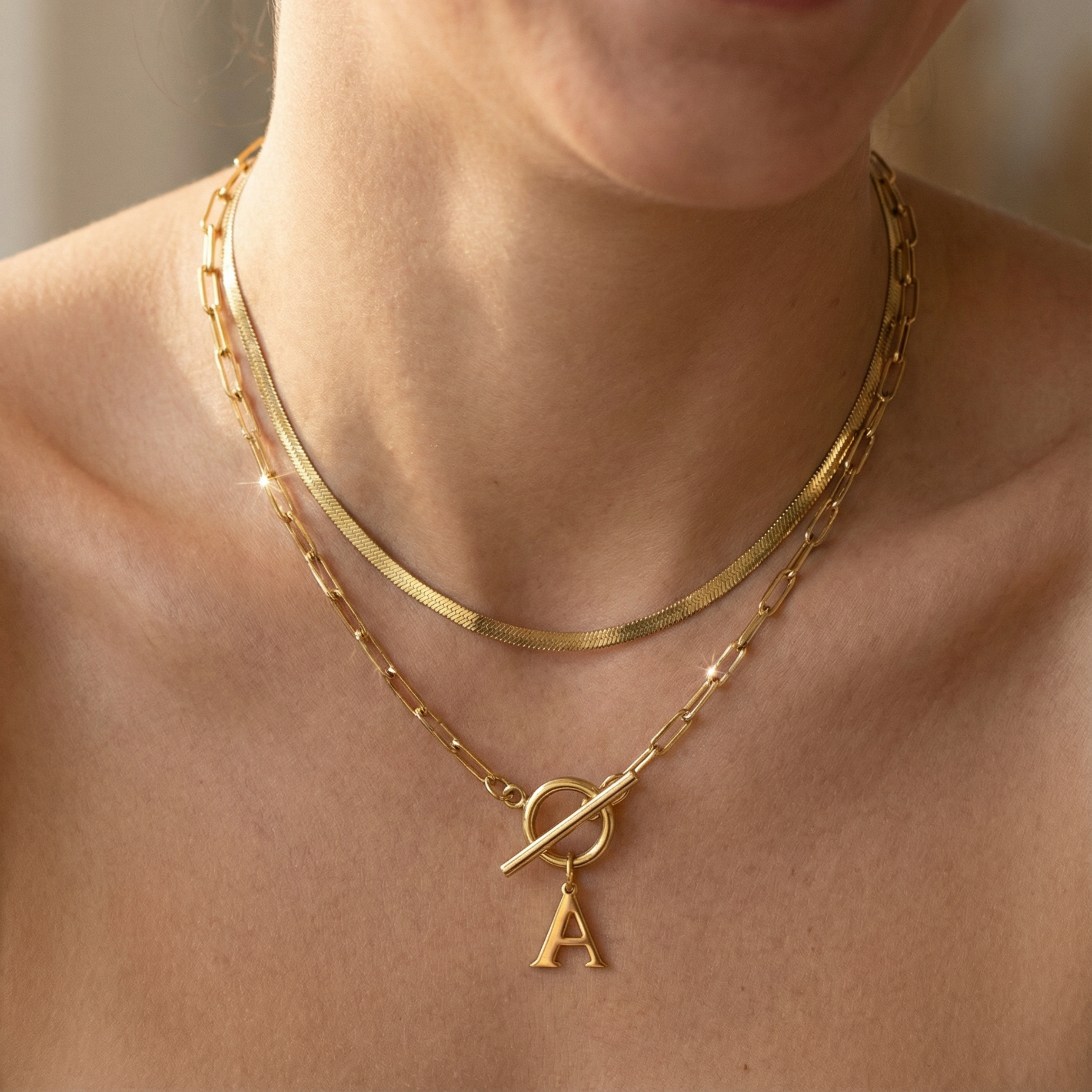 2pc Paperclip Initial Toggle Clasp & Herringbone Necklace Set
