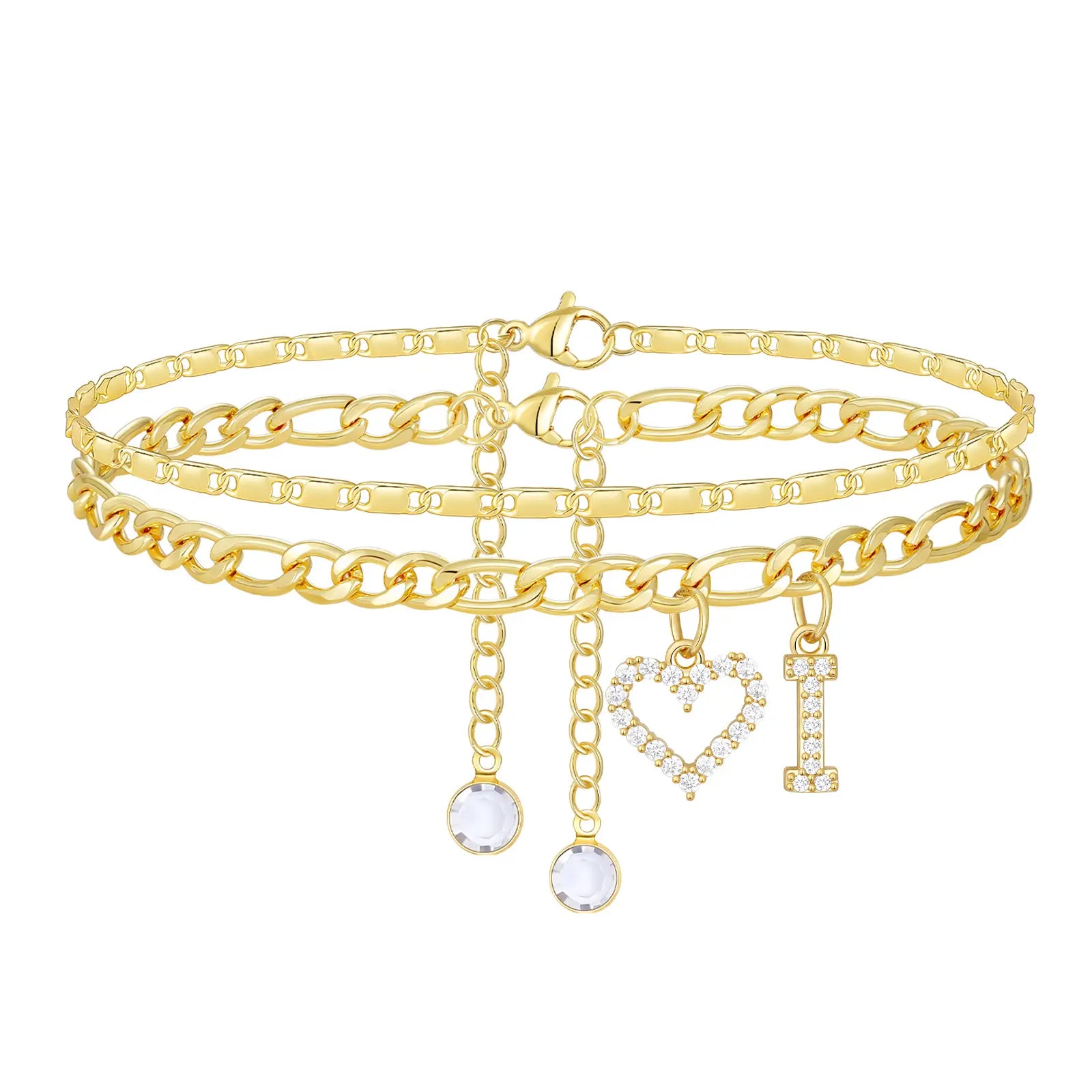 2pc 14k Letter Initial & Diamond Heart Anklet