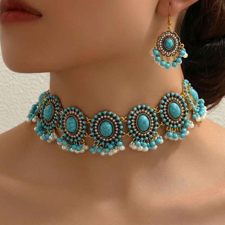 Boho Turquoise Earrings & Choker Necklace Set