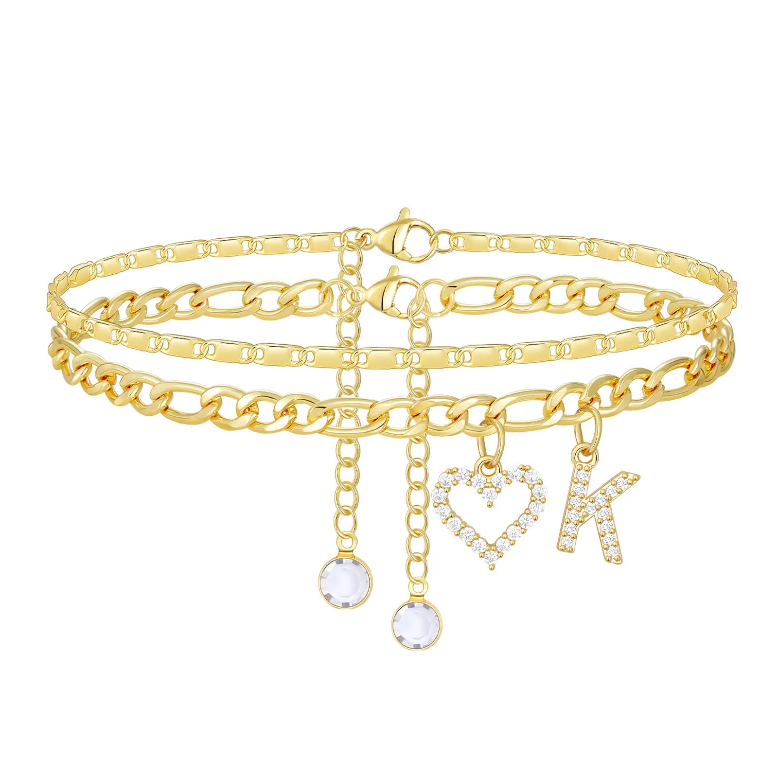 2pc 14k Letter Initial & Diamond Heart Anklet