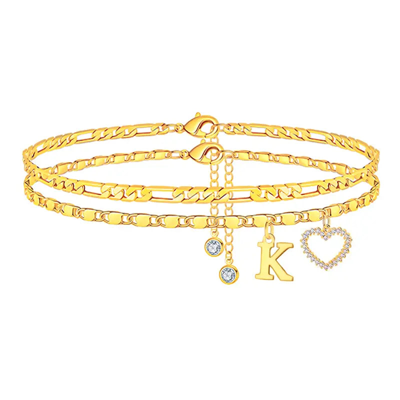 2pc 14k Letter Initial & Diamond Heart Anklet