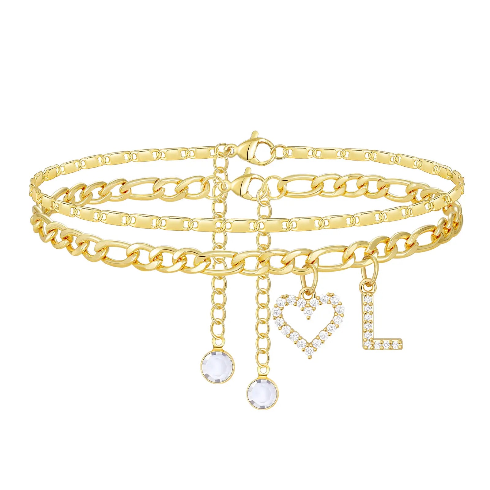 2pc 14k Letter Initial & Diamond Heart Anklet