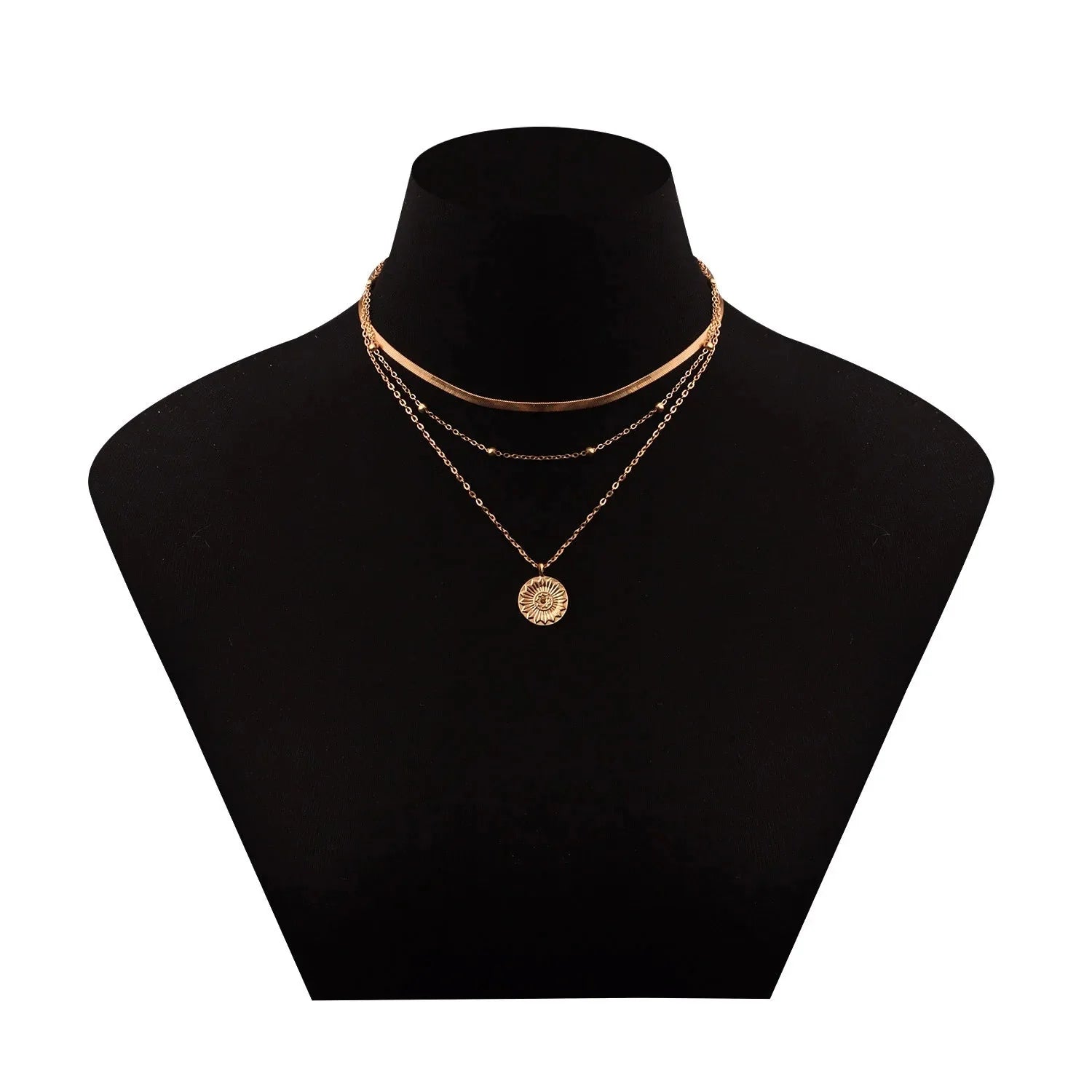 Layered Floral Pendant Herringbone & Dainty Necklaces Stack