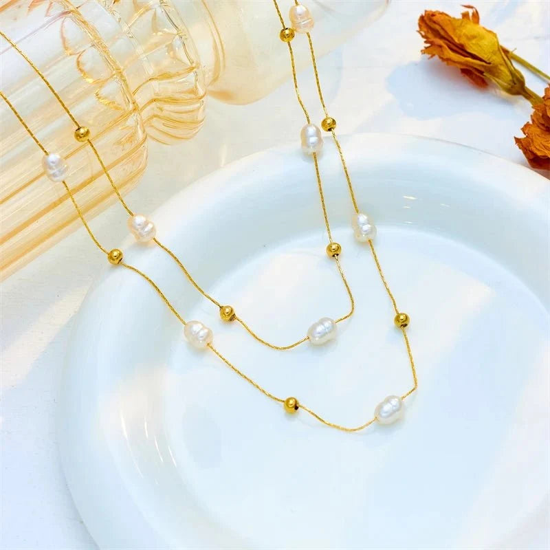 Layered Pearl Gold Beaded Necklace