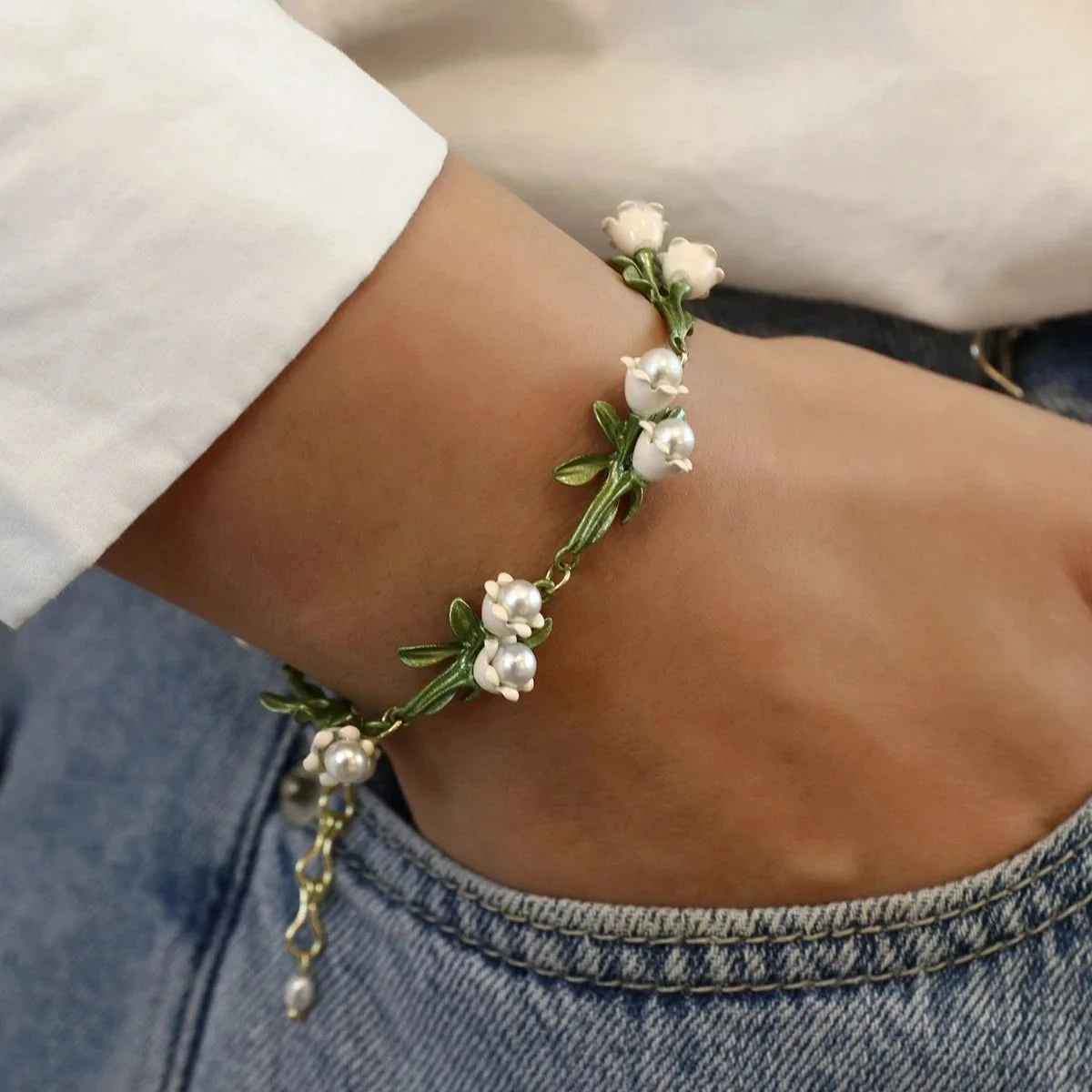 Lily of the Valley Pearl Choker Necklace, Bracelet, and Earrings Set