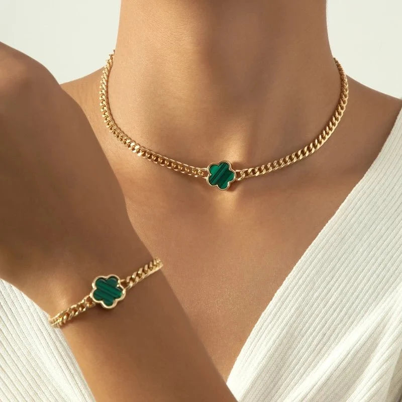 Lucky Clover Cuban Chain Necklace and Bracelet Set