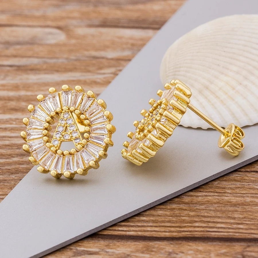 Dainty Halo Diamond Letter Initial Stud Earrings
