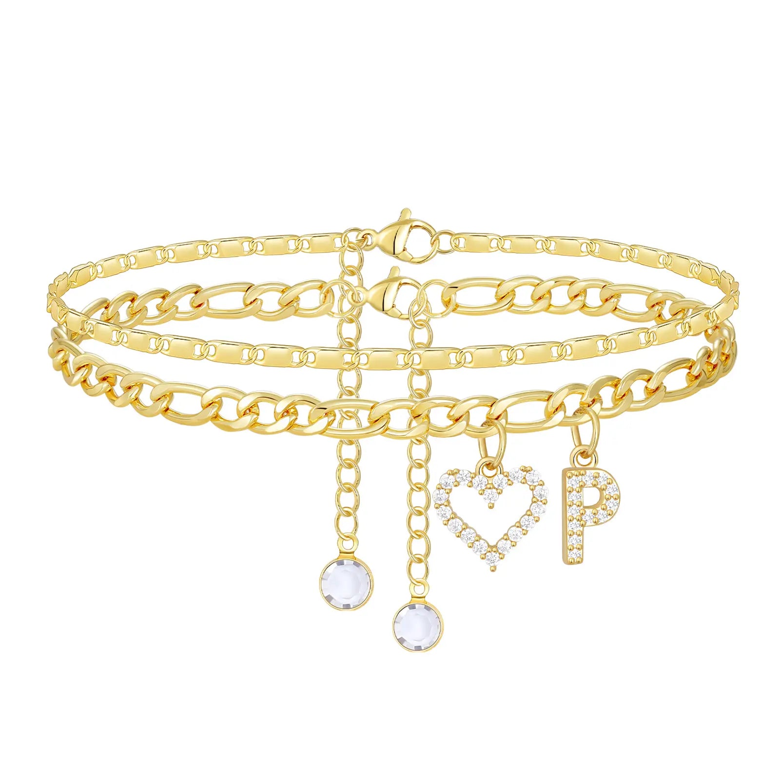 2pc 14k Letter Initial & Diamond Heart Anklet