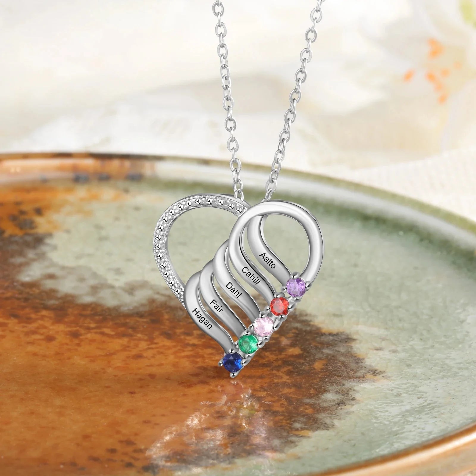 Personalized Name & Birthstone Heart Striped Pendant Necklace