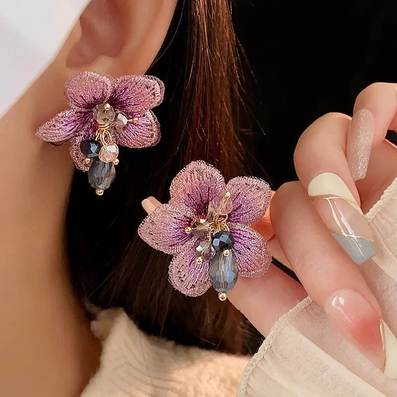 Purple Oriental Hibiscus Floral Earrings