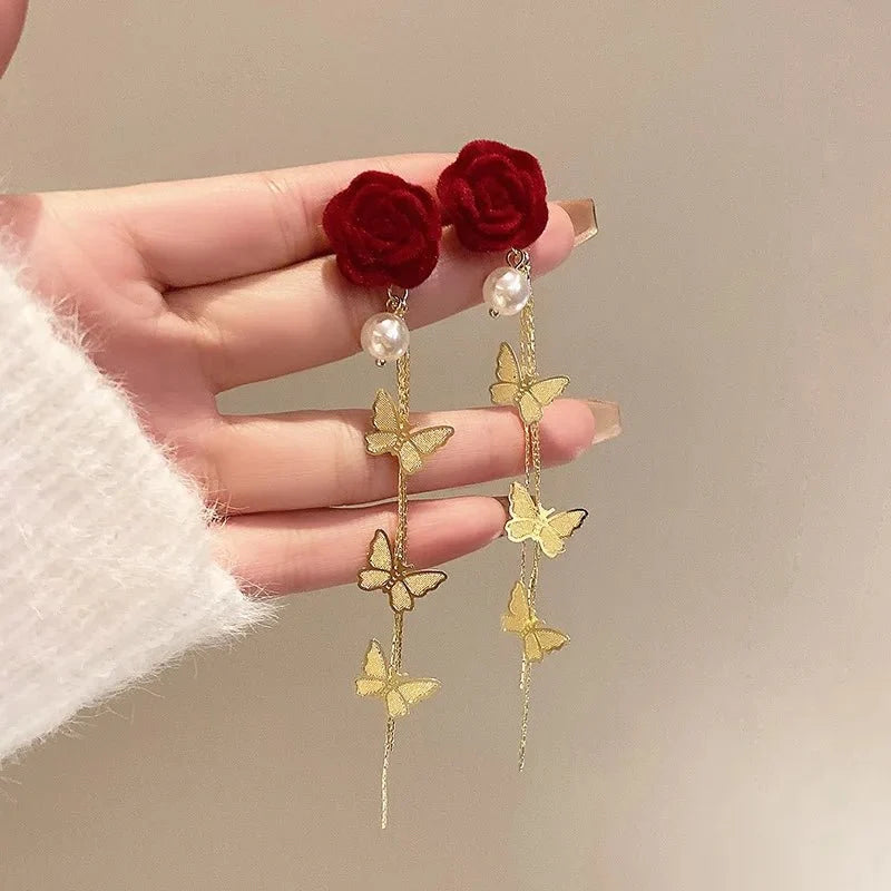 Romantic Rose Pearl Butterfly Dangle Earrings