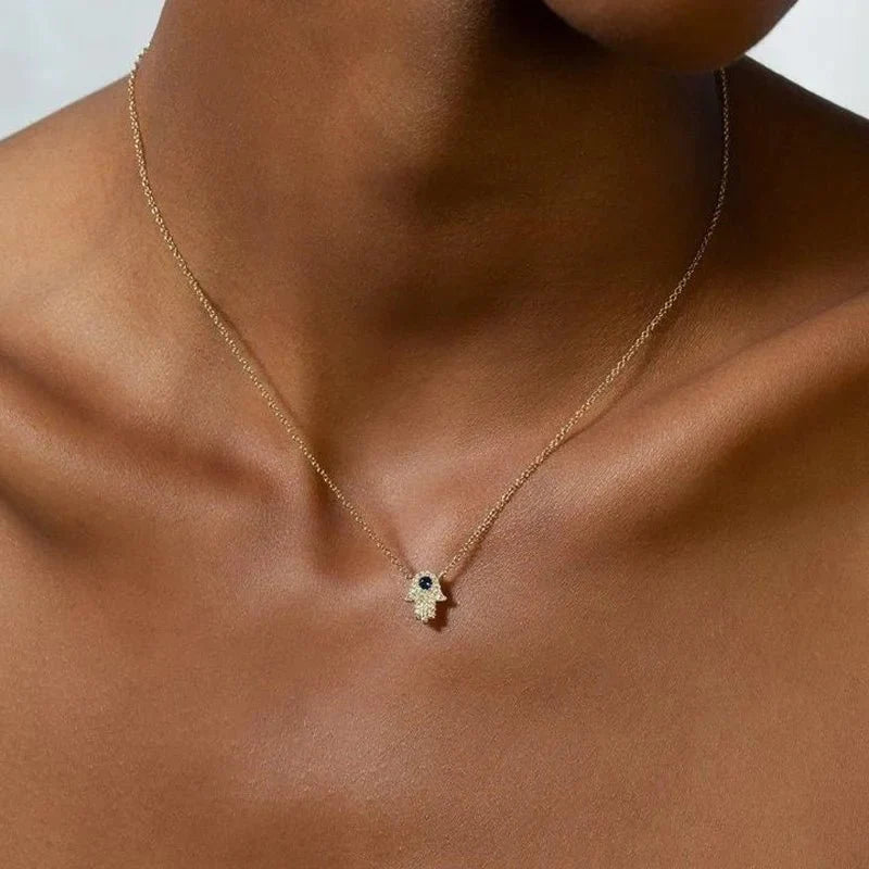 S925 Dainty Hamsa Hand Diamond Pendant Necklace