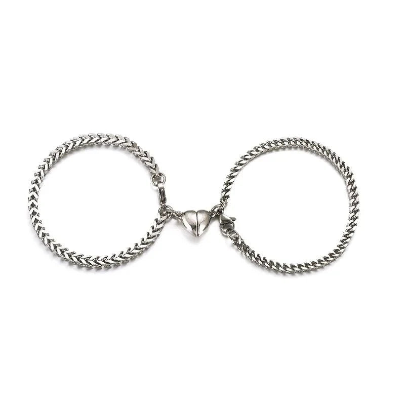 Simple Couples Cuban Magnetic Heart Bracelet Set