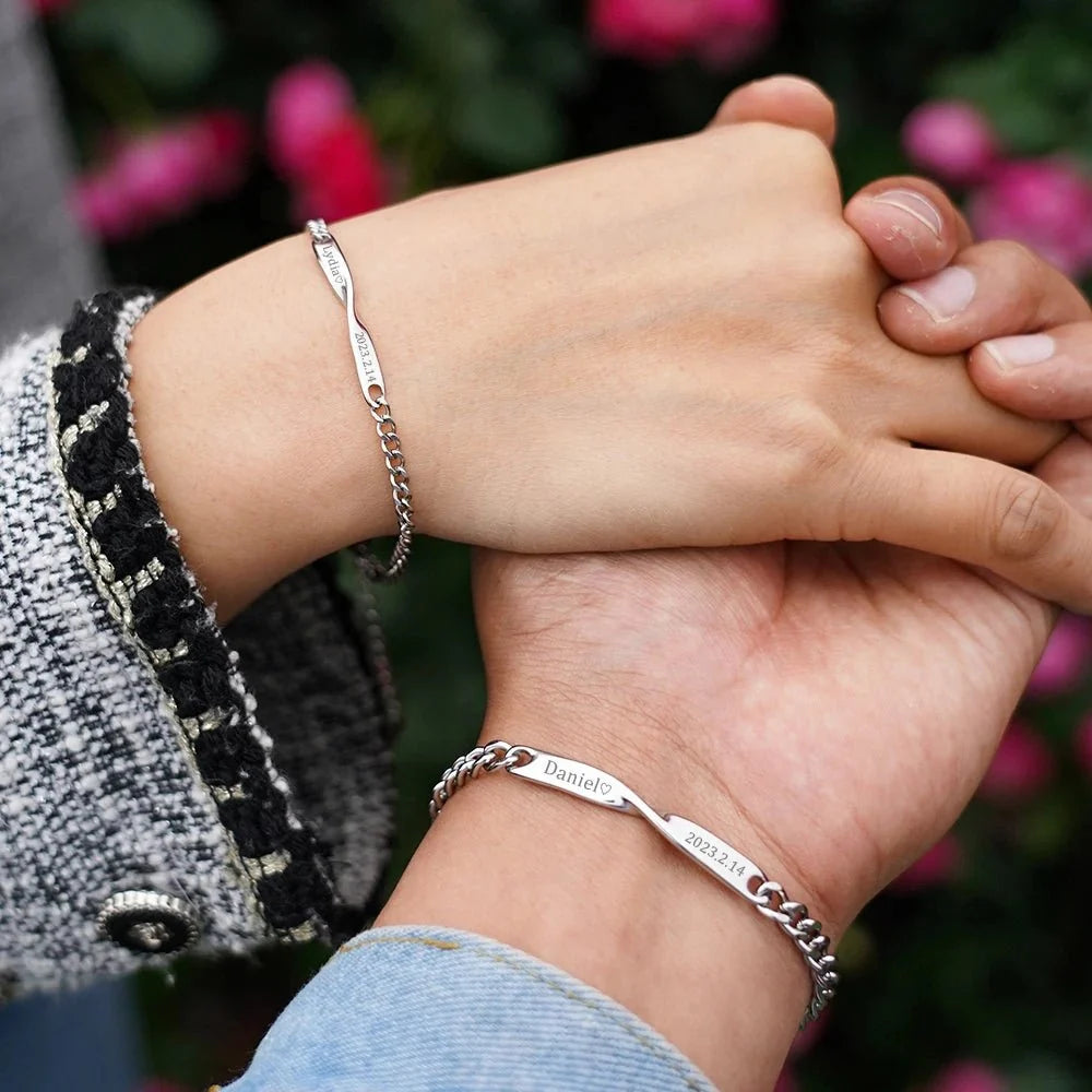 Twisted Name & Date Couples Bracelets