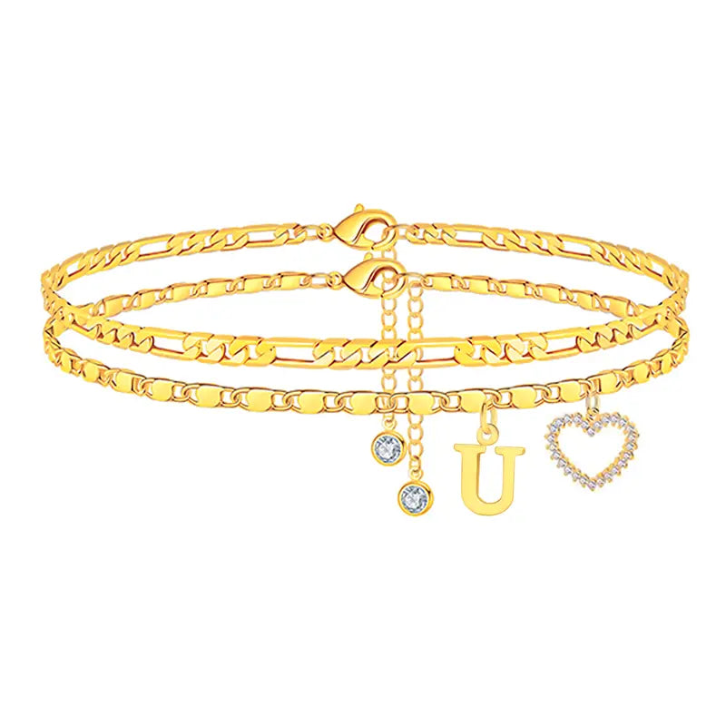 2pc 14k Letter Initial & Diamond Heart Anklet