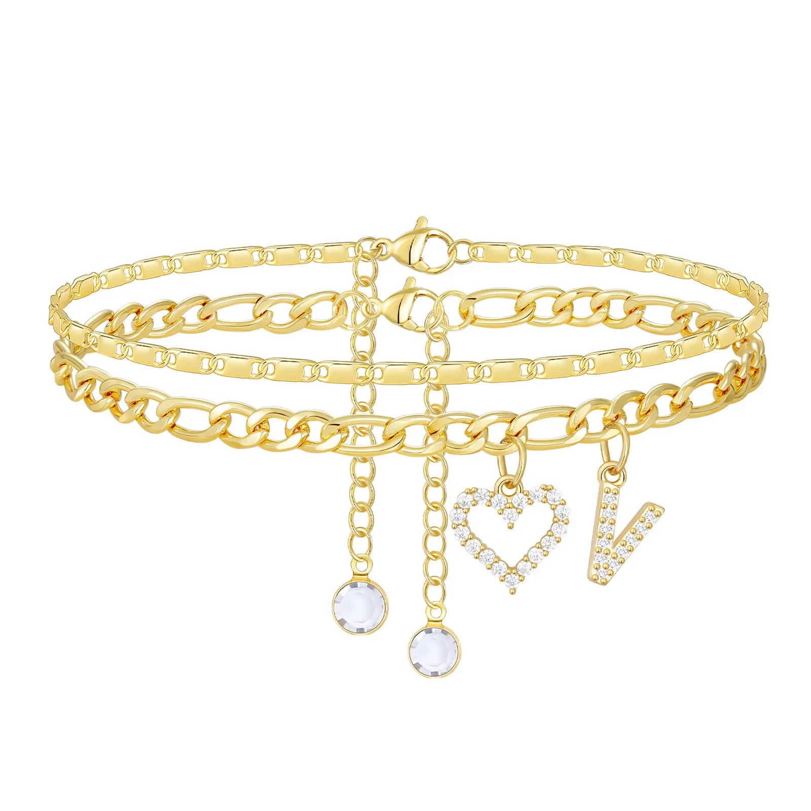 2pc 14k Letter Initial & Diamond Heart Anklet