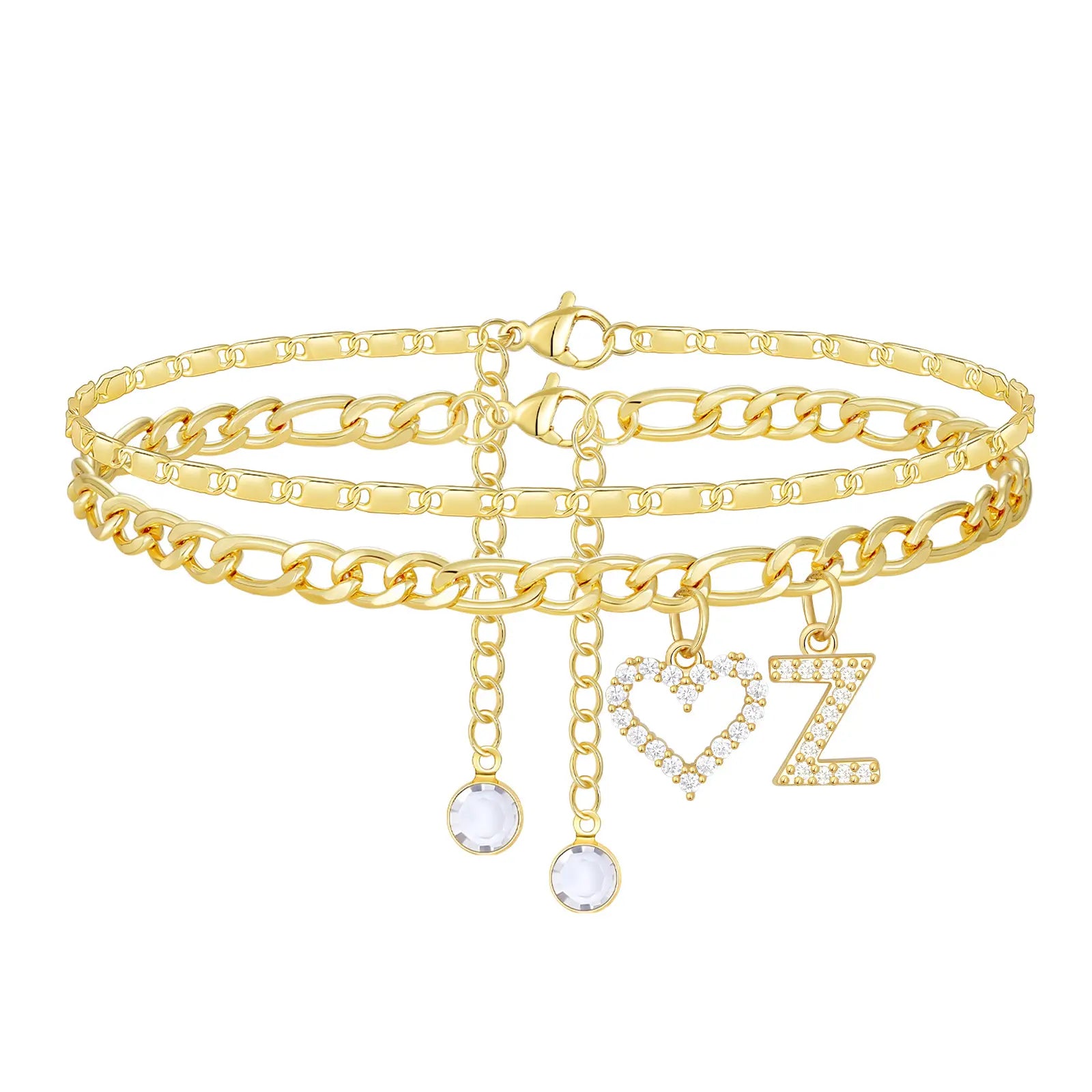 2pc 14k Letter Initial & Diamond Heart Anklet