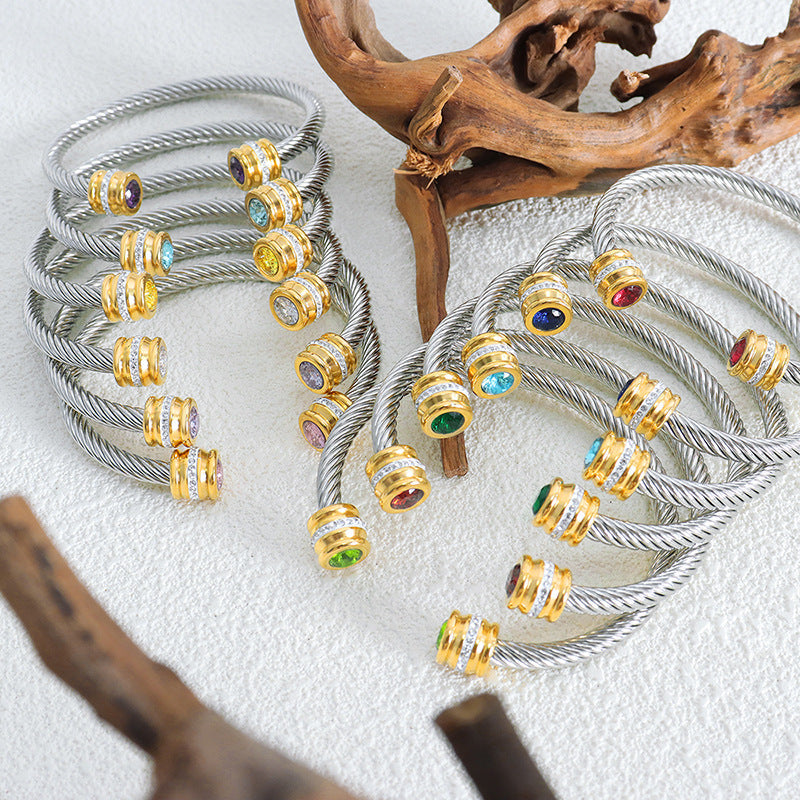 Personalized Birthstone Ends Twist Cuff Bracelets