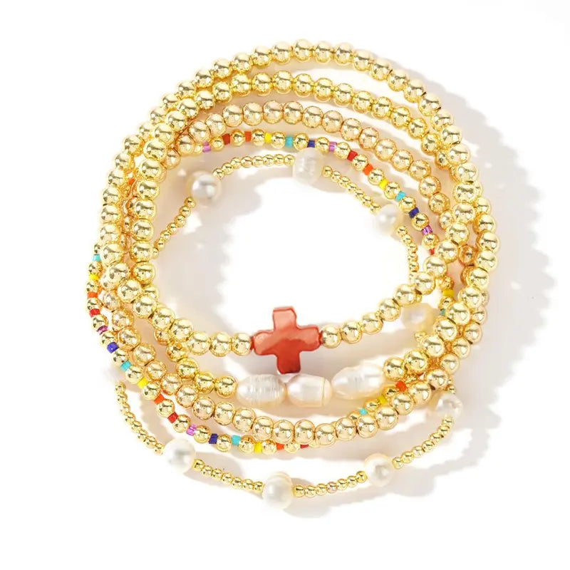 5pc Colorful Boho Pearl & Cross Beaded Bracelet Stack