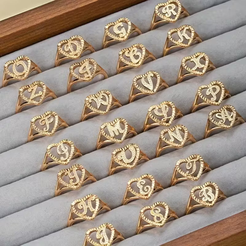 Elegant Cursive Letter Initial Heart Ring