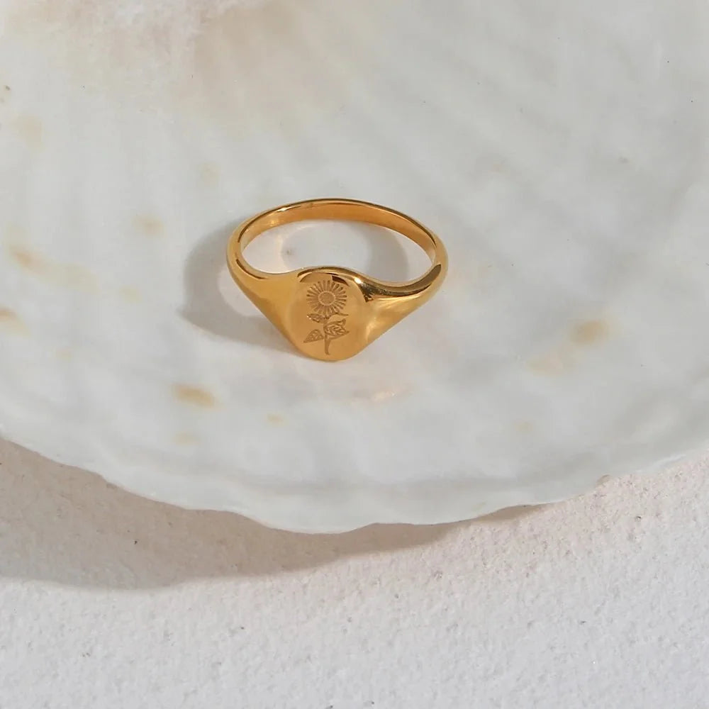 18k Dainty Floral Signet Rings