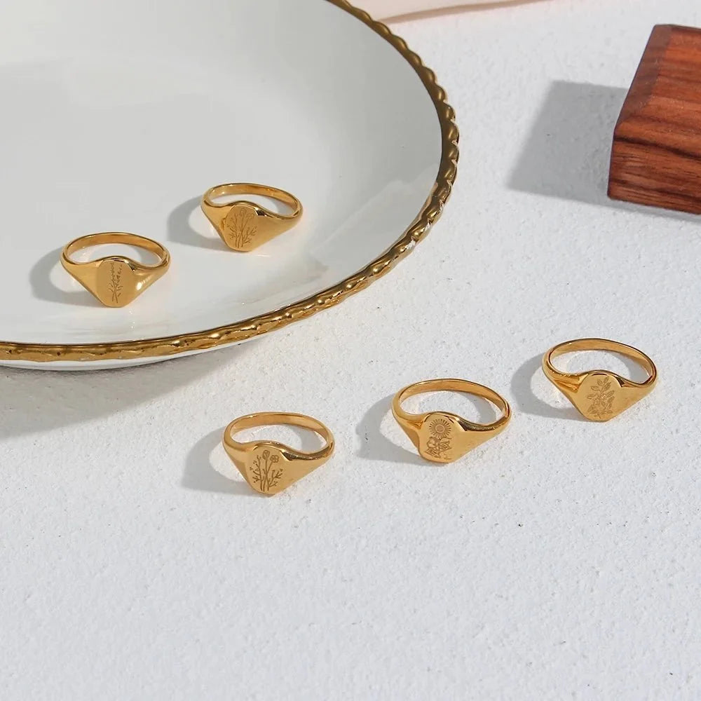 18k Dainty Floral Signet Rings
